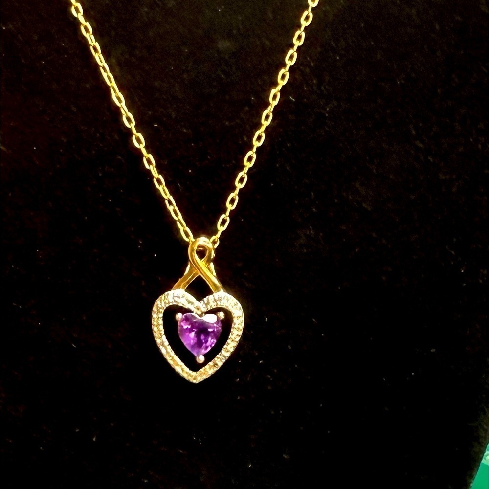 Signed PAJ‎ 925 Gold Vermeil Over Sterling Silver Amethyst Heart Necklace